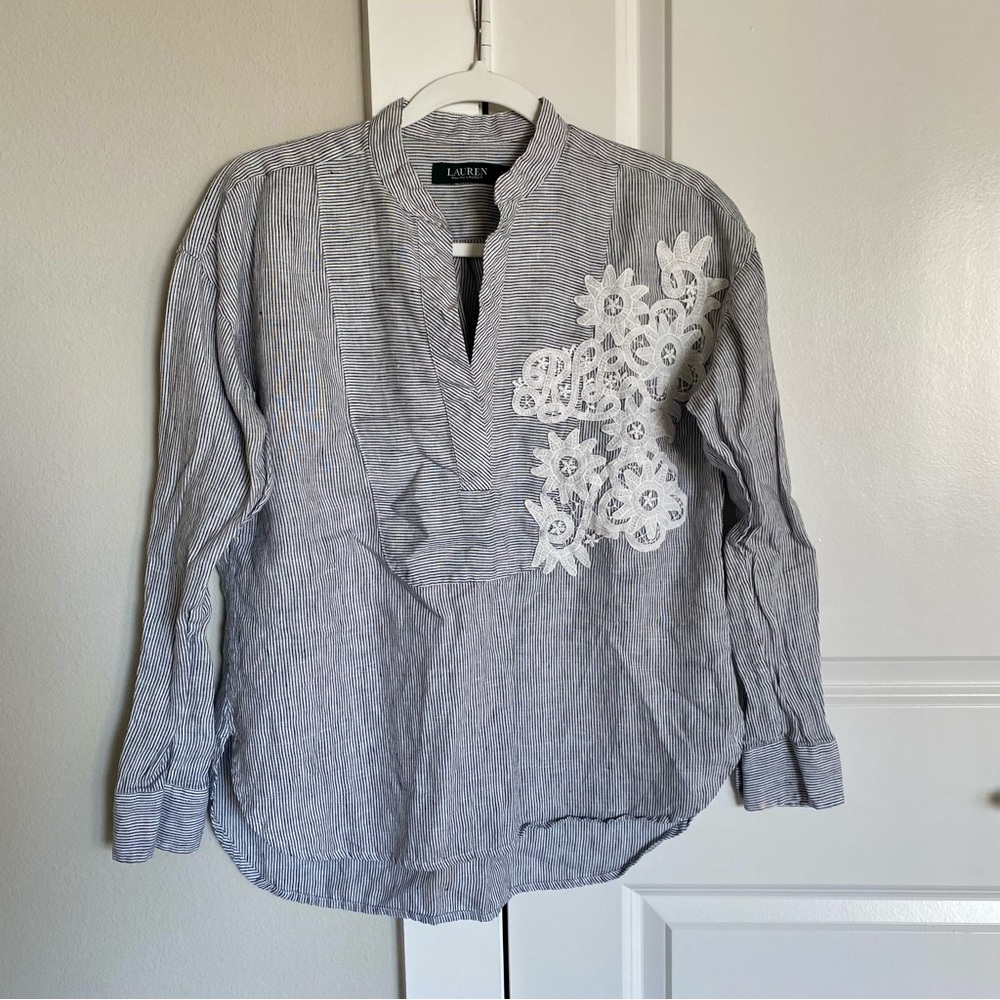 Lauren Ralph Lauren Petite 100% Linen Betzin V-Neck Embroidered Stripe Blouse